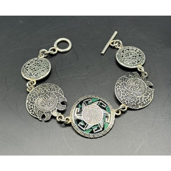 Artisan Mayan Aztec Link Bracelet Sterling 925 Mexico Signed 7 1/4" Enamel - Picture 1 of 10